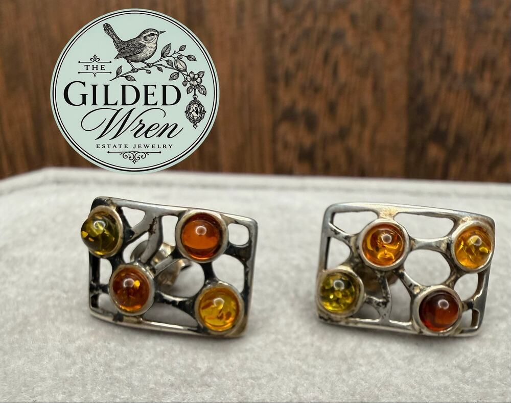 Vintage Sterling Silver Amber Openwork Rectangular Post Earrings Studs